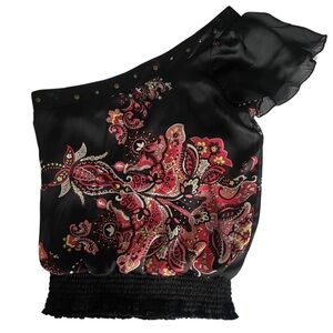 Boho Asymmetrical One-Shoulder Top – Black & Pink Paisley Print – Size S